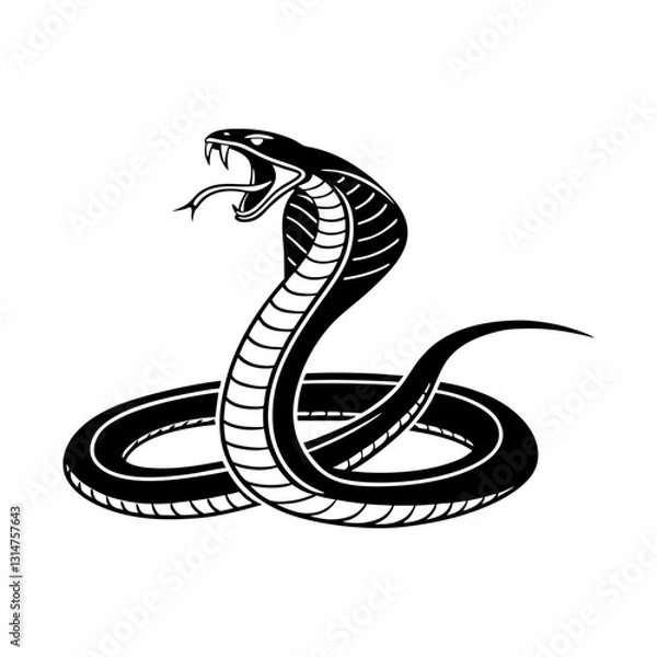 Fototapeta Cobra in Defensive Posture: A majestic king cobra, rendered in stark black and white, raises its hood in a defensive posture, its forked tongue flicking, showcasing its power and grace. 