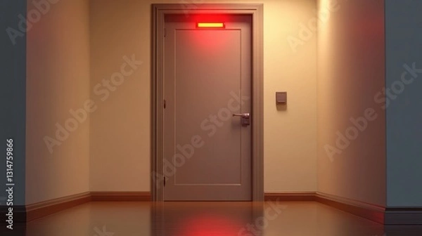 Fototapeta Urgent alert from a partially open door with a flashing red alarm light in a dimly lit hallway
