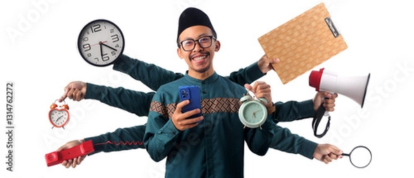 Obraz Asian Muslim man multitasking with multiple arms holding various items, symbolizing efficiency, productivity, and time management during Ramadan. Isolated on a white background