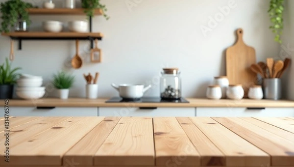 Fototapeta Empty wooden table surface with a blurred kitchen countertop background.