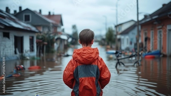 Obraz Child in Red Jacket Stands in Flooded Street After Heavy Rain