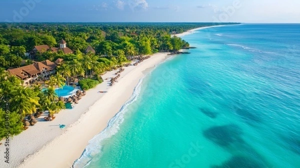 Obraz Serene Tropical Beach with Clear Water and Lush Greenery