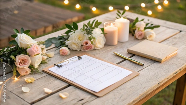 Fototapeta beautifully arranged wedding planning checklist on rustic table, surrounded by flowers and candles, creating romantic atmosphere for event preparation