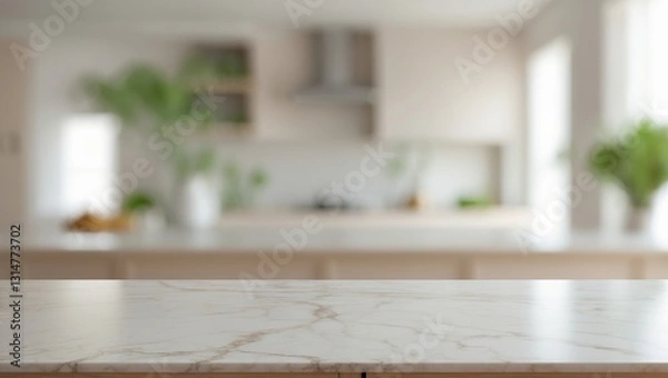 Fototapeta Empty marble tabletop with a blurred interior background for product display montage.