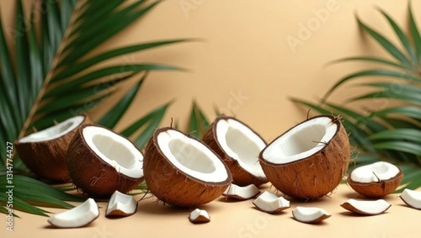 Fototapeta Coconuts and green leaves scattered on a dark beige background.