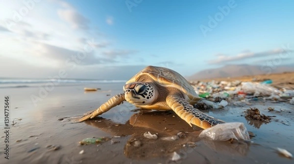 Fototapeta Stranded Sea Turtle Facing Ocean Pollution on Sandy Beach Shore