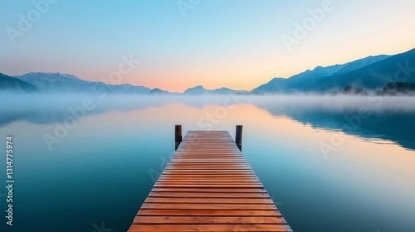 Obraz Serene Wooden Dock Reflection at Sunrise Over Calm Misty Lake