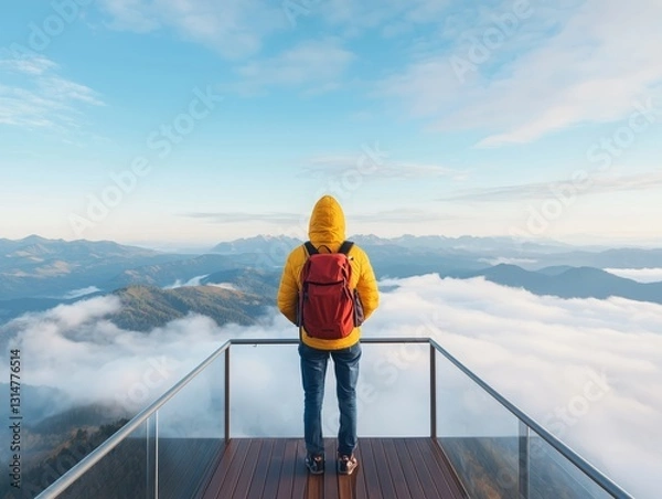 Obraz Person in Yellow Jacket Stands on Glass Deck Overlooking Mountains