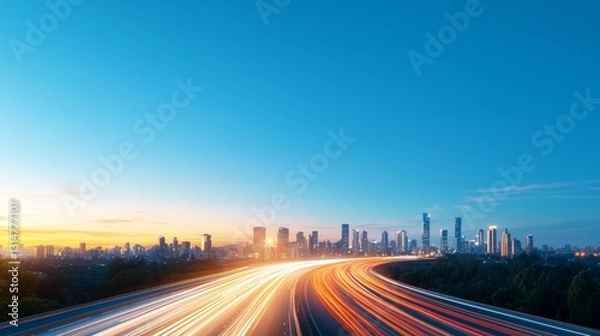 Obraz Vibrant City Skyline at Dusk with Light Trails on the Highway
