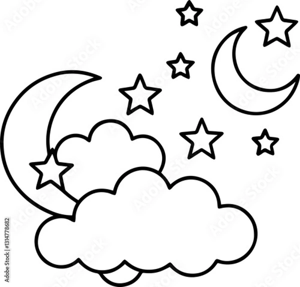 Fototapeta crescent moon stars and clouds outline vector illustration