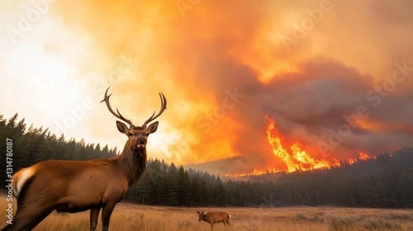 Obraz Majestic Deer Stands Before Wildfire in Dramatic Landscape Scene