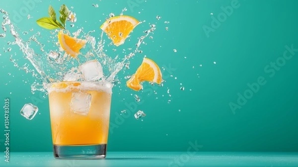 Obraz Refreshing Citrus Drink Splash with Ice Cubes and Mint Leaves