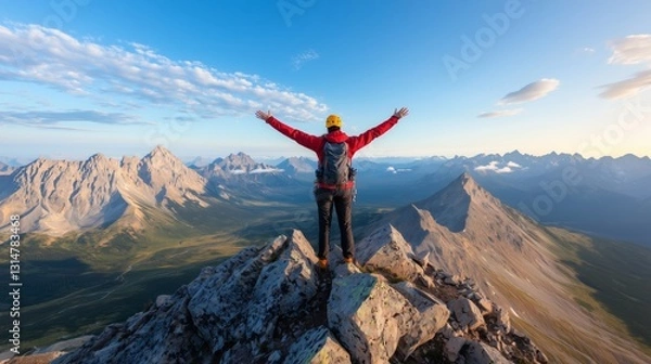 Obraz Majestic Mountain View with Adventurer at Sunrise in Wilderness
