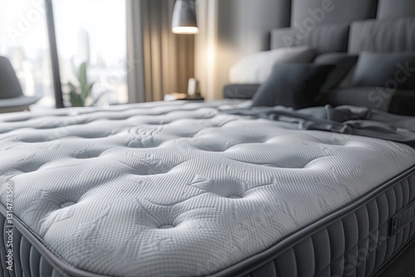 Fototapeta High-Quality Orthopedic Mattress in Modern Bedroom with Stylish Details and Cozy Atmosphere, Quality Sleep, Recovery, Selective focus