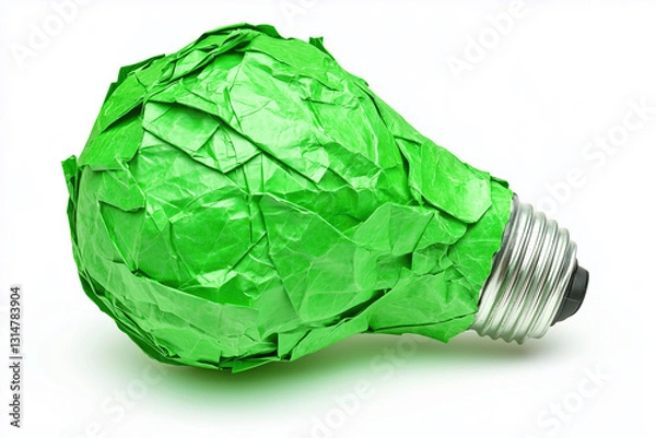 Fototapeta Green Lightbulb Made of Crumpled Paper, Eco-Friendly Innovation, Technologies, Eco Protest, copy space, Isolated
