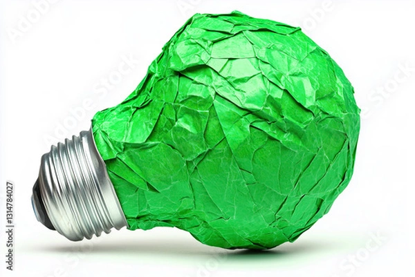 Fototapeta Green Lightbulb Made of Crumpled Paper, Eco-Friendly Innovation, Technologies, Eco Protest, copy space, Isolated