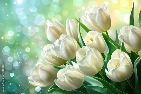 Fototapeta Spring White Tulips Bouquet on Green Bokeh, Symbol of New Beginnings and Fresh Spring Beauty, Selective Focus, Bokeh, Copy Space