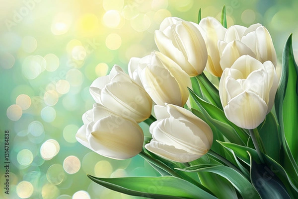 Fototapeta Spring White Tulips Bouquet on Green Bokeh, Symbol of New Beginnings and Fresh Spring Beauty, Selective Focus, Bokeh, Copy Space
