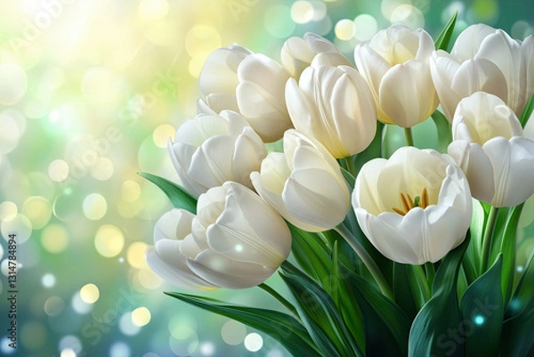 Fototapeta Spring White Tulips Bouquet on Green Bokeh, Symbol of New Beginnings and Fresh Spring Beauty, Selective Focus, Bokeh, Copy Space
