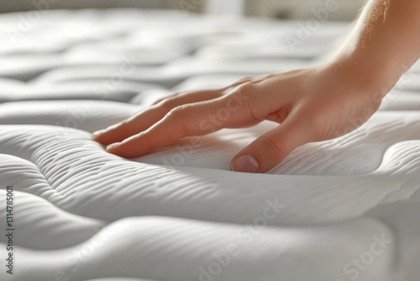 Fototapeta Restful Hand Touching Orthopedic Mattress, Quality Sleep for Recovery on White Background, Selective focus
