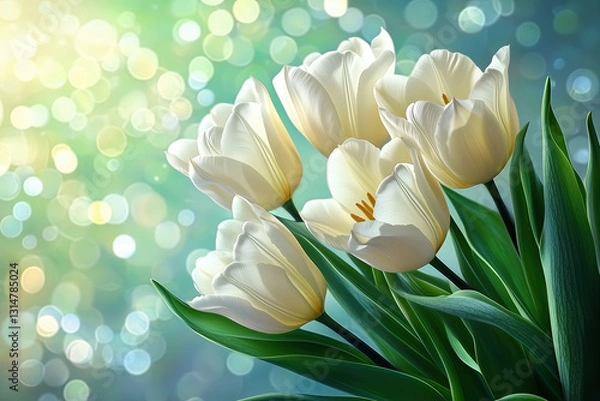 Fototapeta Spring White Tulips Bouquet on Green Bokeh, Symbol of New Beginnings and Fresh Spring Beauty, Selective Focus, Bokeh, Copy Space