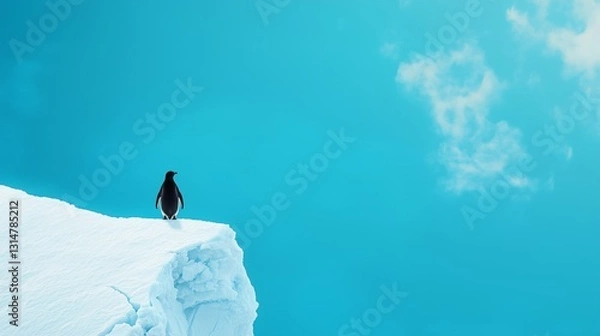 Obraz Solitary Penguin Standing on Snowy Iceberg Against Bright Blue Sky