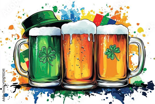 Fototapeta Festive St. Patrick’s Beer Mugs with Irish Flag, Hat, Shamrocks, Rainbow on White Background, Illustration, Art,