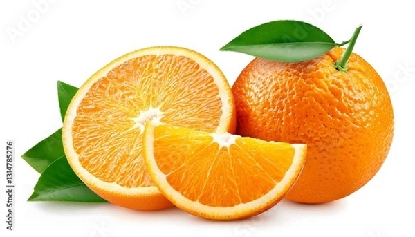 Obraz An image of a vibrant orange with green leaves, showcasing its fresh and juicy appeal with a focus on its bright color and natural freshness