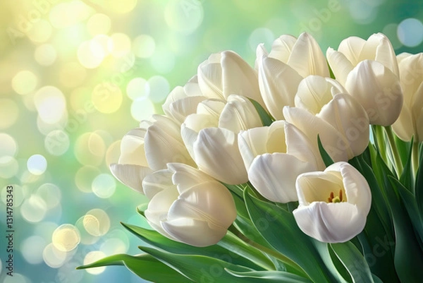 Fototapeta Elegant White Tulips Bouquet on Green Bokeh, Fresh Spring Flowers for Nature Decor, Selective Focus, Bokeh, Copy Space