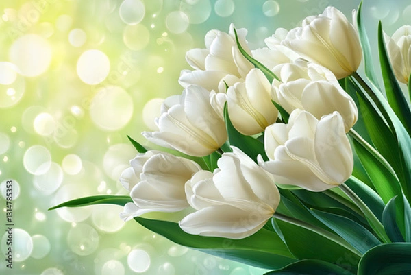 Fototapeta Spring White Tulips Bouquet on Green Bokeh, Symbol of New Beginnings and Fresh Spring Beauty, Selective Focus, Bokeh, Copy Space
