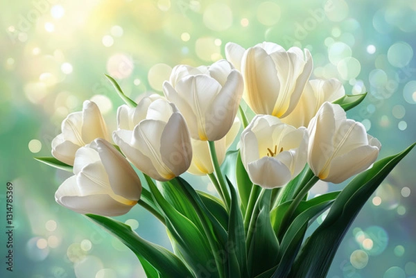 Fototapeta Spring White Tulips Bouquet on Green Bokeh, Symbol of New Beginnings and Fresh Spring Beauty, Selective Focus, Bokeh, Copy Space