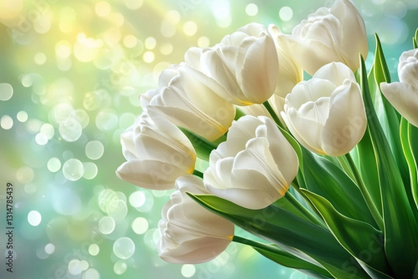 Fototapeta Elegant White Tulips Bouquet on Green Bokeh, Fresh Spring Flowers for Nature Decor, Selective Focus, Bokeh, Copy Space