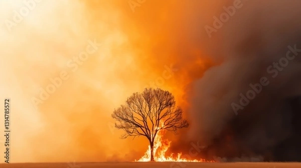 Obraz Lonely Tree Surrounded by Raging Wildfire in Fiery Landscape