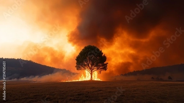 Obraz Dramatic Wildfire Landscape with Isolated Tree in Vibrant Flames