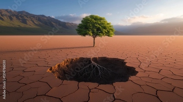 Obraz Isolated Tree Surrounded by Cracked Ground and Deep Hole at Sunrise