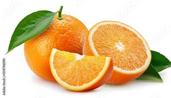 Obraz An image of a vibrant orange with green leaves, showcasing its fresh and juicy appeal with a focus on its bright color and natural freshness