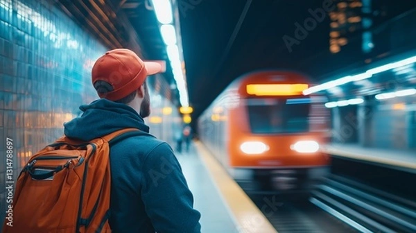 Obraz Commuter Waiting at Station with Blurred Train in Motion