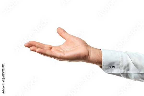 Fototapeta Male hand in white business shirt sleeve extending palm up in welcoming or presenting gesture, isolated on white background for easy design integration.
