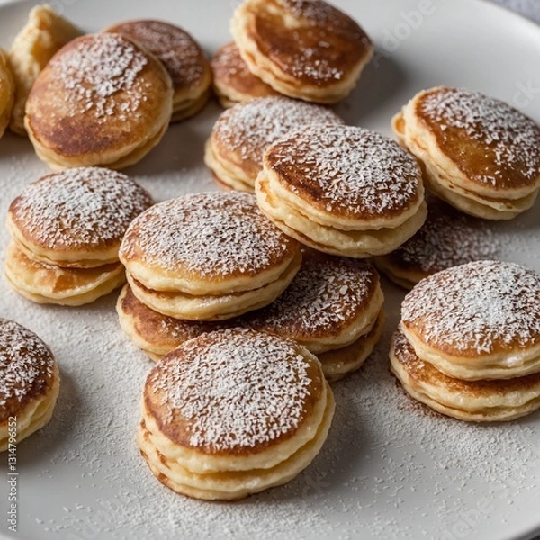 Obraz A plate of Dutch poffertjes (mini pancakes) dusted with powdered sugar on white background