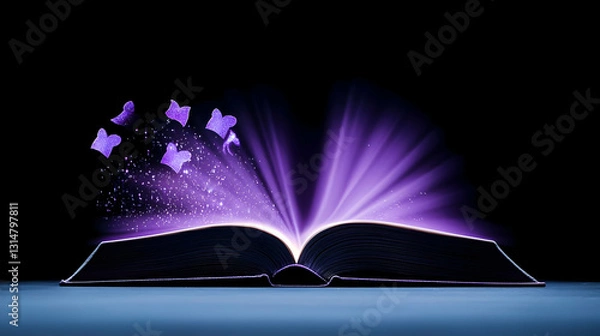 Fototapeta An Open Antique Book With Glowing Purple Light And Magical Purple Sparkles In A Dark Enchanting Setting