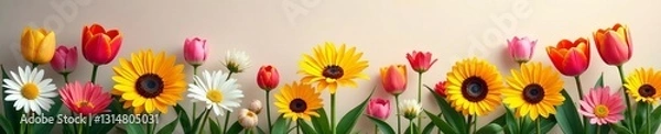 Fototapeta Background with a variety of blooming daisies, sunflowers, and tulips in full bloom, season, spring, border