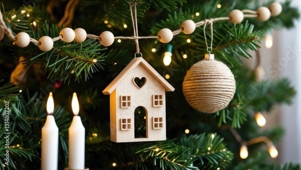 Obraz A beautifully adorned Christmas tree showcases wooden house ornaments and soft lights. The scene evokes a cozy holiday atmosphere, ideal for gatherings and celebrations.