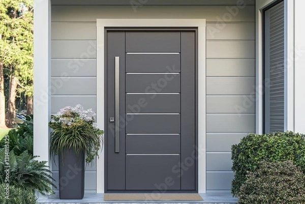 Fototapeta Smart technology and 2025 color trends featured at modern front entrance.