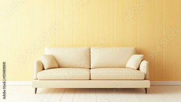 Fototapeta Softness in modern decor with butter-yellow wall and ivory sofa.