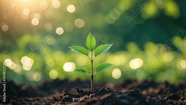 Fototapeta Small trees with green leaves thriving in sunlight represent the concept of agriculture and sustainable plant growth.