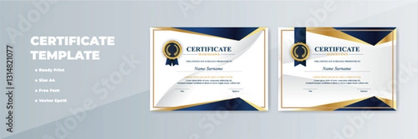 Fototapeta Elegant A4 certificate template design with gold, blue accents; ready print