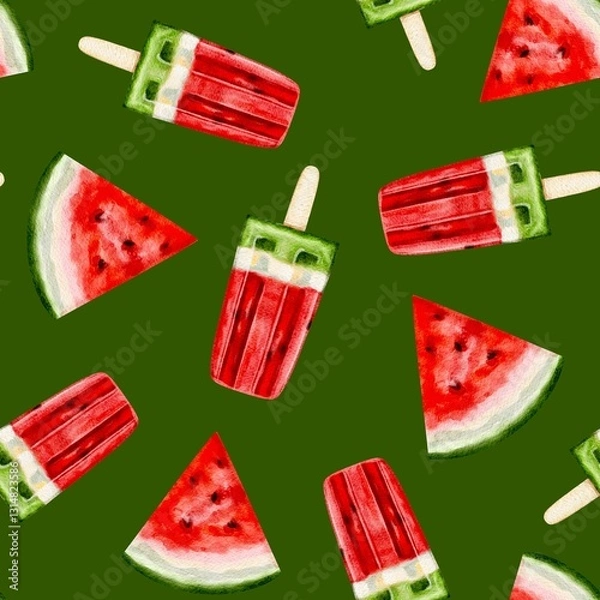 Fototapeta Watermelon ice cream, seamless pattern on a green background