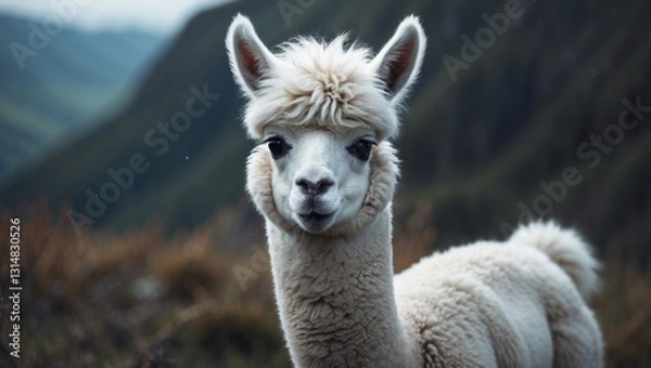 Fototapeta sweet little white llama baby with fluffy fur and a charming face featuring funny ears