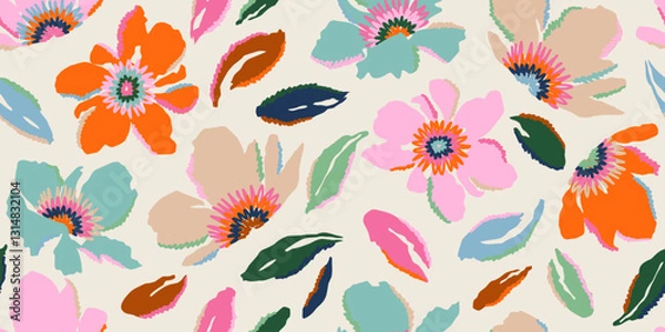 Obraz Exotic hand drawn flowers, seamless patterns with floral for fabric, textiles, clothing, wrapping paper, cover, banner, home decor, abstract backgrounds.