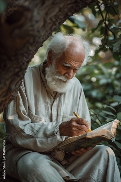 Fototapeta An elderly man writes thoughtfully in a book while surrounded by lush greenery in a serene outdoor setting.